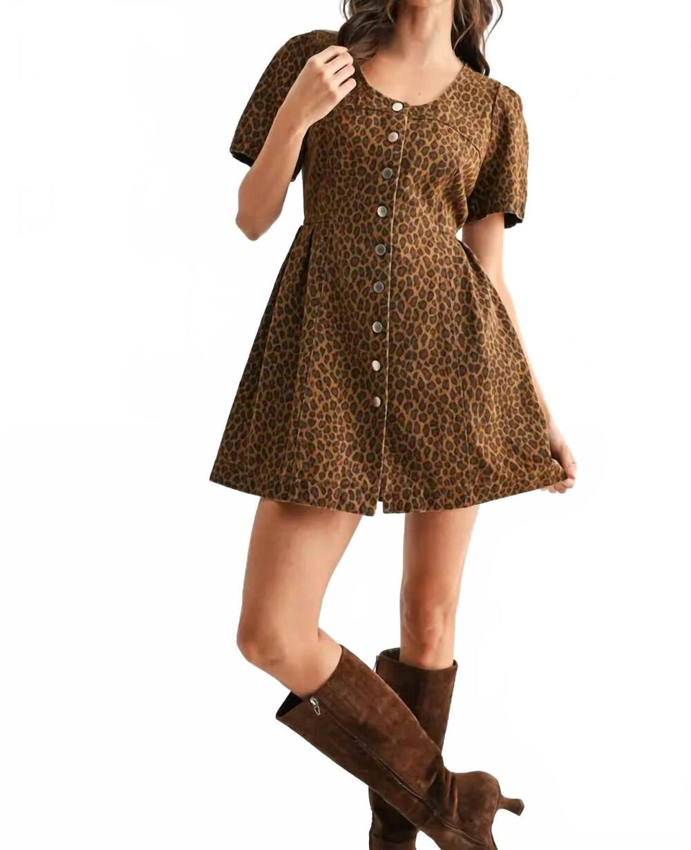 NEW CAMELLIA cora button front short sleeve mini dress in leopard print denim